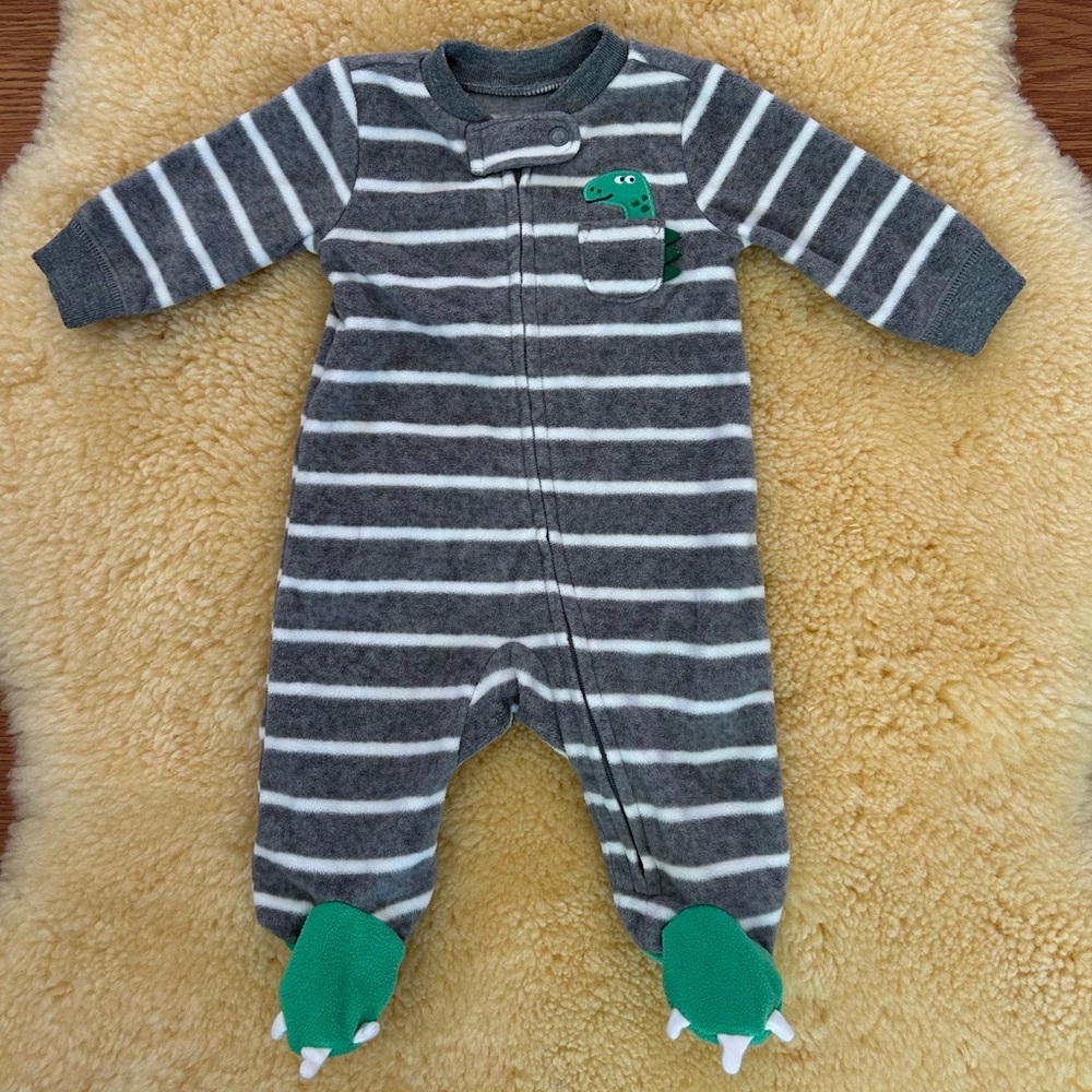 Carter's Gray Striped Fleece Dino Footed Onesie size Newborn EUC